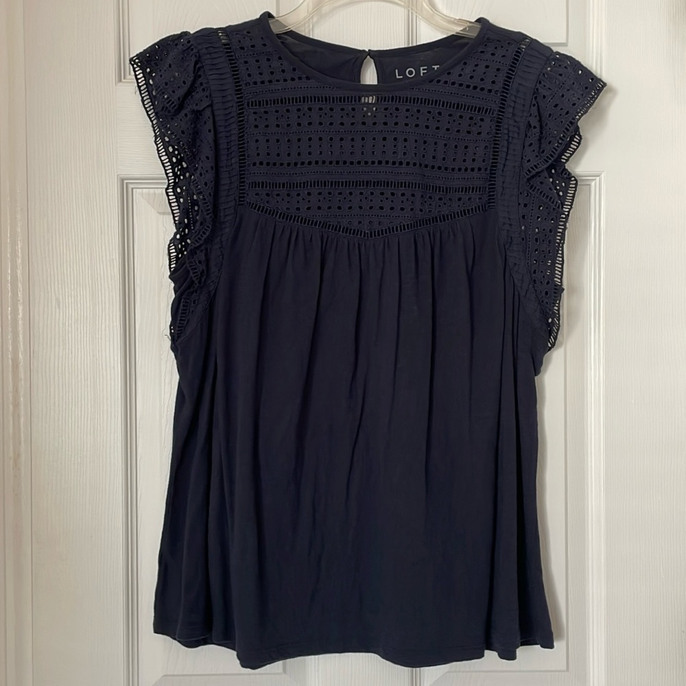Loft Cap Sleeve Navy Eyelet Top